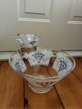 Vintage MCM Anchor Hocking Glass Chip & Dip Bowl Set Gold White/Gold/Blue Grapes